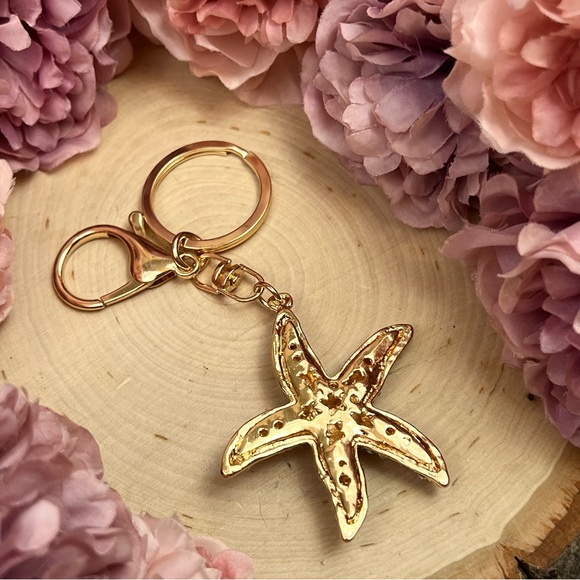 Gold and Silver Crystal Starfish Keychain Charm - Picture 12 of 13